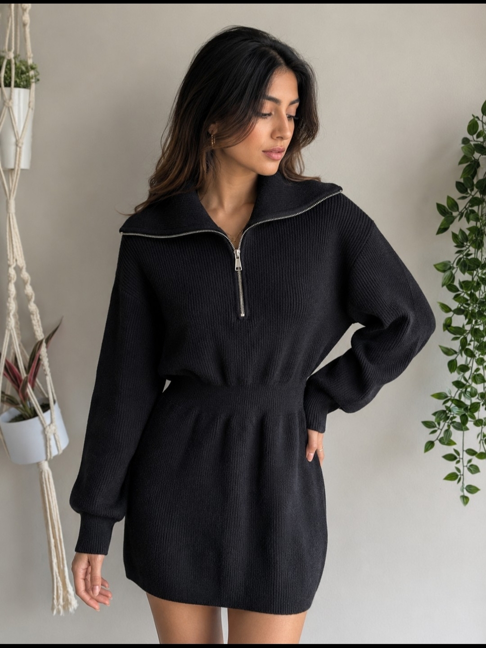 BB Dakota Black Ribbed Zip-Neck Mini Sweater Dress
